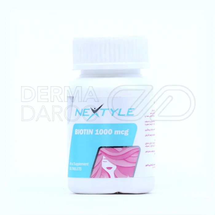 nextyle-biotin-1000-mcg-60-tablets (1) تصویر واضح از قرص بیوتین ۱۰۰۰ میکروگرم نکستایل به همراه جعبه بستهبندی مکمل، مناسب تقویت پوست، مو و ناخن