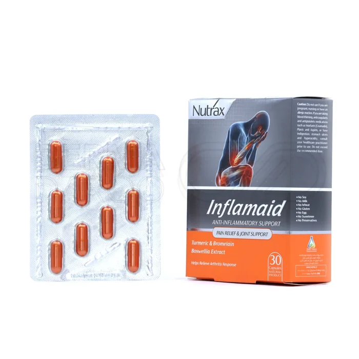 کپسول اینفلامید نوتراکس، بسته‌بندی مقاوم، مکمل گیاهی، کاهش التهاب مفاصل و تسریع بهبود زخم.