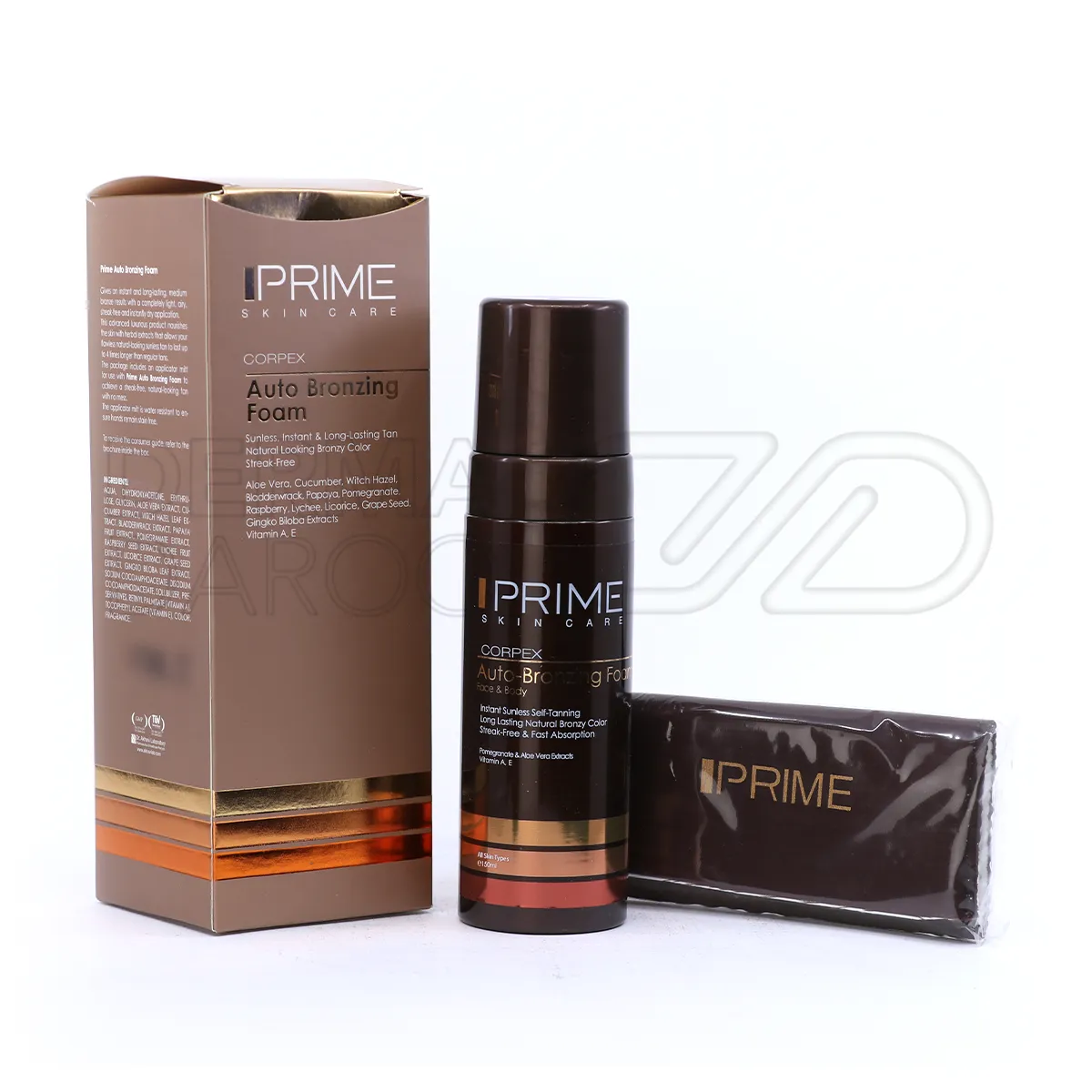 بسته بندی فوم برنزه کننده پرایم در ظرف شیک، حاوی عصاره آلوئه ورا و ویتامین E برای برنزه کردن سریع پوست
