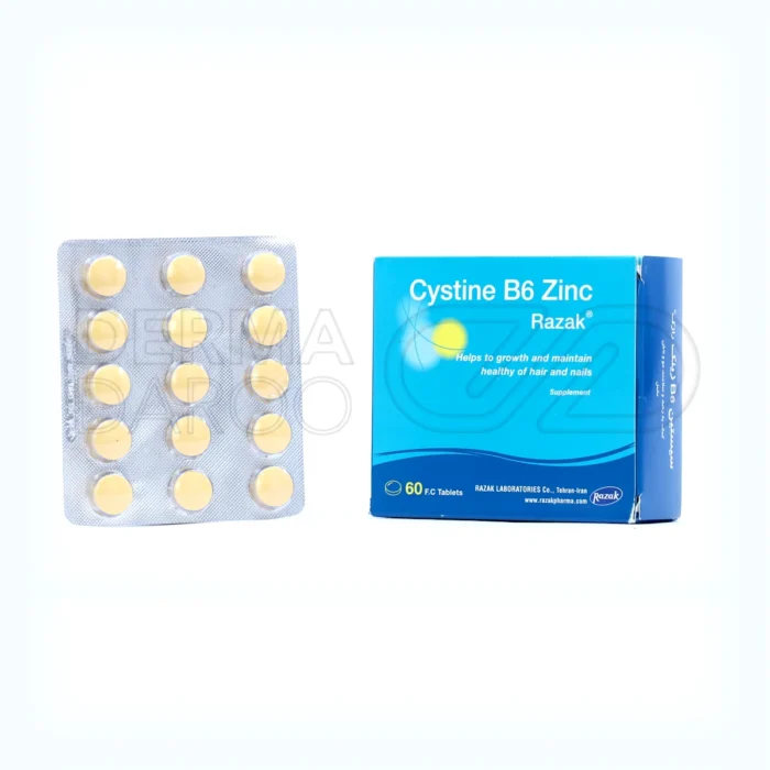 بسته قرص سیستین B6 زینک رازک؛ مکمل درمانی برای ریزش مو، تقویت مو و ناخن حاوی سیستین، آرژنین، ویتامین B6 و زینک