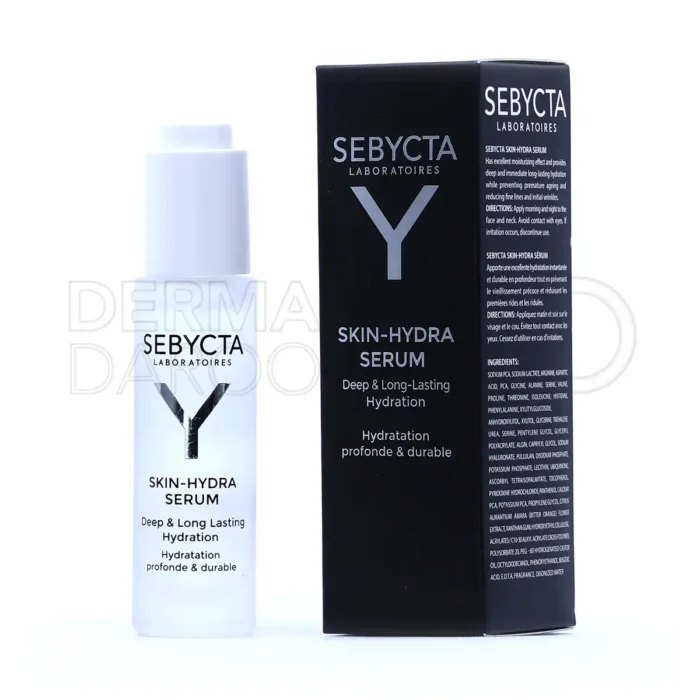 sebycta-skin-hydra-serum-30-ml-00 سرم آبرسان سبیکتا در بطری شیشهای شفاف، حاوی هیالورونیک اسید و روغن آرگان، آبرسان عمیق و ضد چروک پوست