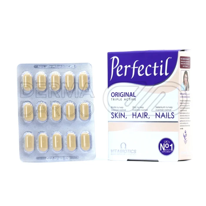 قرص پرفکتیل ویتابیوتیکس در بسته‌بندی اصلی؛ مکملی کامل با ۲۲ ترکیب فعال از ویتامین‌ها، مواد معدنی و عصاره دانه انگور برای تقویت پوست، مو و ناخن
