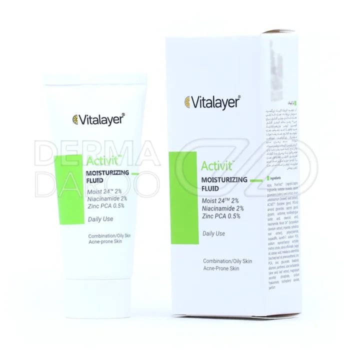 vitalayer-moisturizing-fluid-daily-use-40-ml (1) فلوئید مرطوبکننده پوست چرب ویتالیر، با آلوئهورا و نیاسینامید، در تیوپی، آبرسان قوی، فاقد چربی و پارابن، غیر جوشزا.