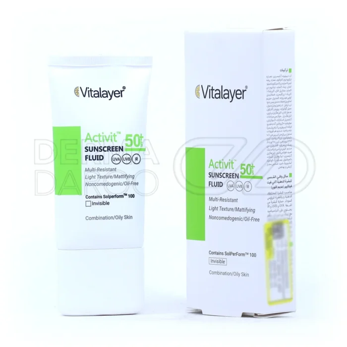 vitalayer-spf50-activit-sunscreen-fluid-for-oily-skin-50-ml (1) فلوئید ضدآفتاب ویتالیر SPF50+، با زینک PCA و نیاسینامید، در تیوپی، کنترل چربی، ضد جوش، محافظ UVA/UVB برای پوست چرب.