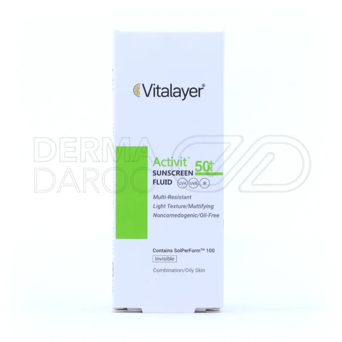 فلوئید ضدآفتاب ویتالیر SPF50+، با آلانتوئین و گلیسیرین، مات‌کننده، ضد جوش، محافظ UVA/UVB، بافت سبک برای پوست چرب.