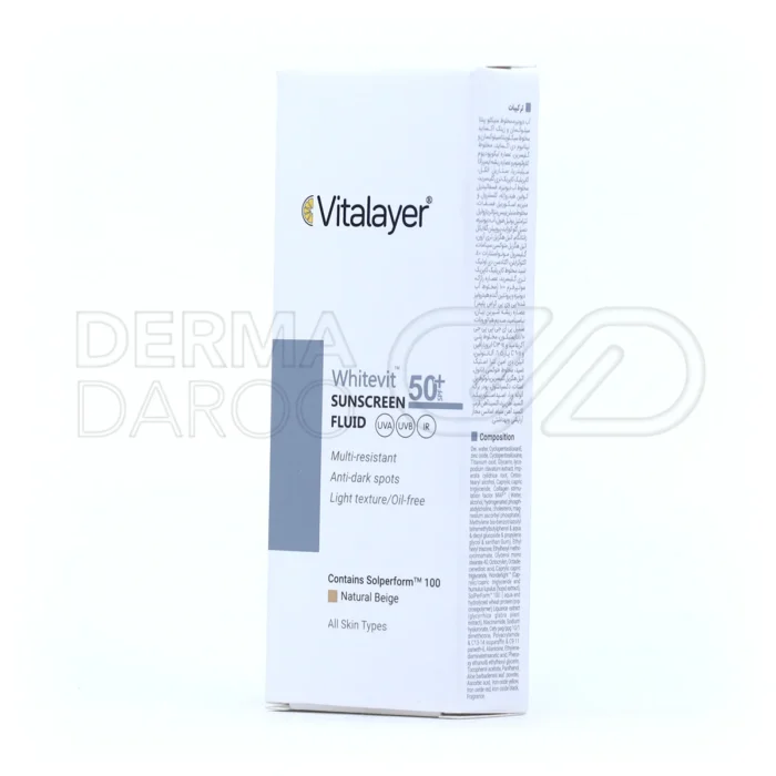 ضدآفتاب ضد لک ویتالیر، با آسکوربیک اسید و آلانتوئین، بژ طبیعی، رفع کک‌مک، مناسب پوست‌های حساس و لک‌دار.