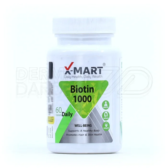 قرص بیوتین ۱۰۰۰ ایکس مارت مناسب افزایش انرژی، تقویت مو و ناخن، همراه با بسته‌بندی ایمن و محافظت‌شده