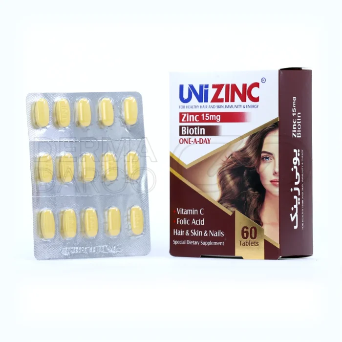 نمای بسته‌بندی قرص یونی زینک حاوی ویتامین‌های گروه B، ویتامین C و عنصر روی برای تقویت پوست، مو و سیستم ایمنی بدن
