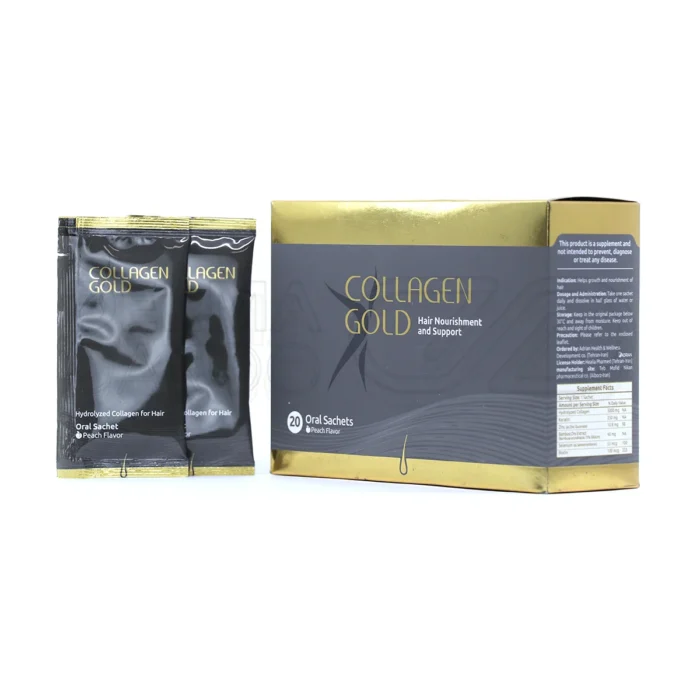 ساشه کلاژن گلد آدریان، بسته‌بندی مقاوم، مکمل مو و ناخن، تقویت ریشه مو و رشد ناخن.