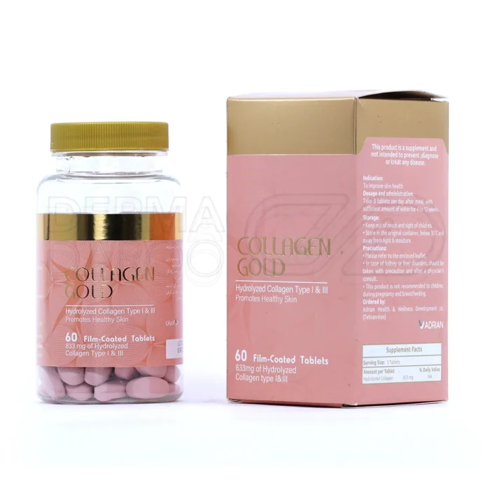 قرص کلاژن گلد آدریان، بسته‌بندی مقاوم، مکمل کلاژن هیدرولیز، ضدچروک و روشن‌کننده پوست.