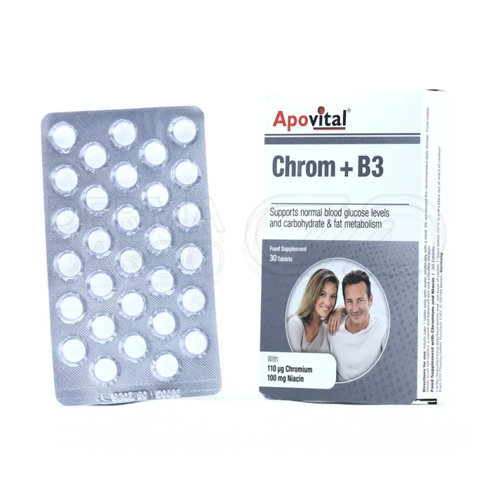 قرص کروم و ویتامین B3 آپوویتال به همراه بسته‌بندی؛ تنظیم قند خون، کمک به کاهش وزن و افزایش سوخت‌وساز بدن