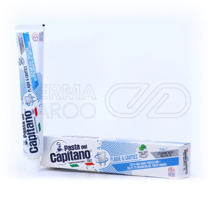 تیوب خمیر دندان ضد جرم کاپیتانو در بسته بندی سفید با طرح ایتالیایی، حاوی روی سولفتال برای جلوگیری از پوسیدگی و بوی بد دهان
