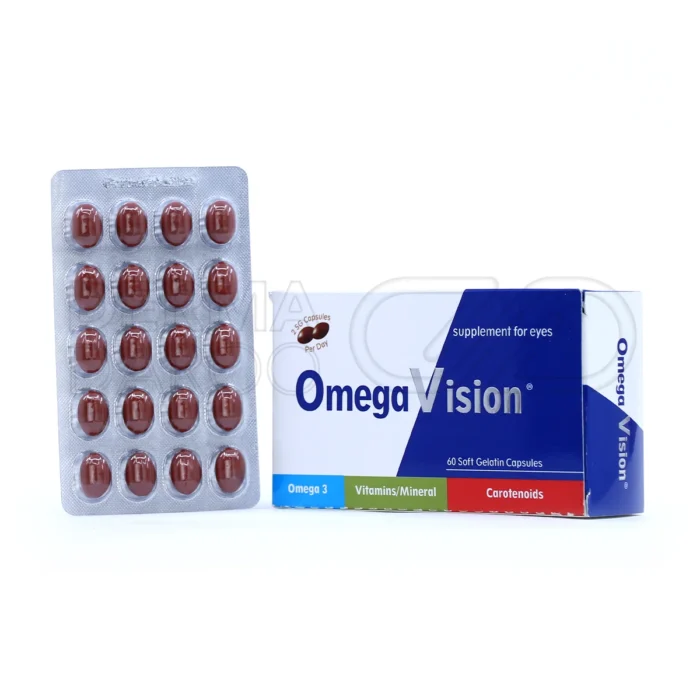 کپسول امگا ویژن دانا، با امگا ۳، لوتئین و ویتامین C، در بسته‌بندی، تقویت بینایی، آنتی‌اکسیدان، پیشگیری از آب مروارید.
