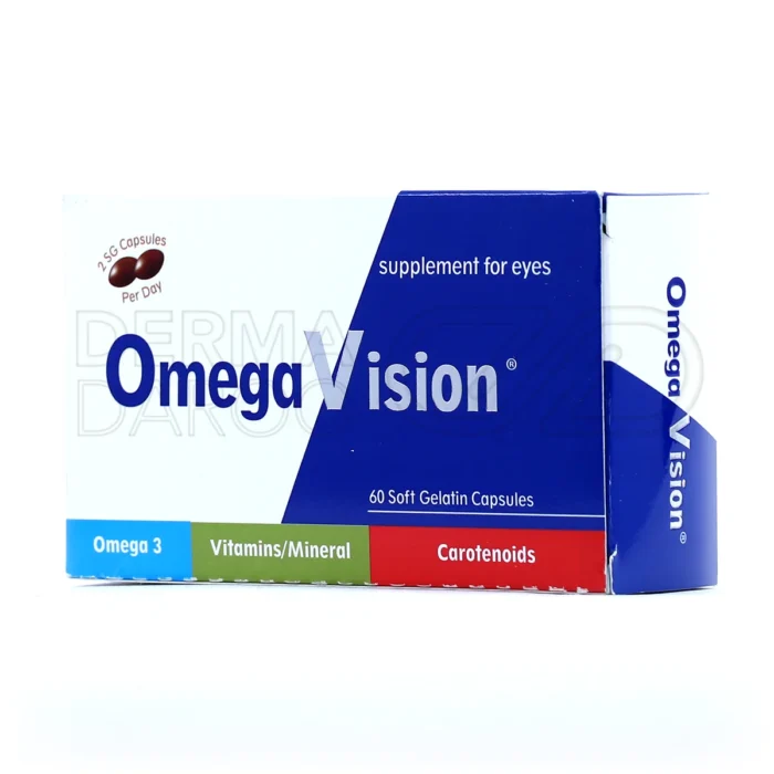 کپسول ژلاتینی امگا ویژن، با لوتئین ۱۰ میلی‌گرم و زیگزانتین، تقویت بینایی، حفاظت از سلول‌ها، بدون مواد حساسیت‌زا.