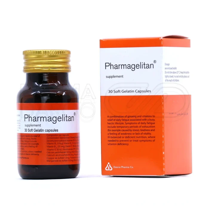 daana-pharmagelitan-supplement-30-caps (1) کپسول فارماژلیتان دانا، با جینسینگ و ویتامینهای A، C، D، در بستهبندی، تقویت قوای جسمی و ذهنی، مناسب بزرگسالان و مسن.