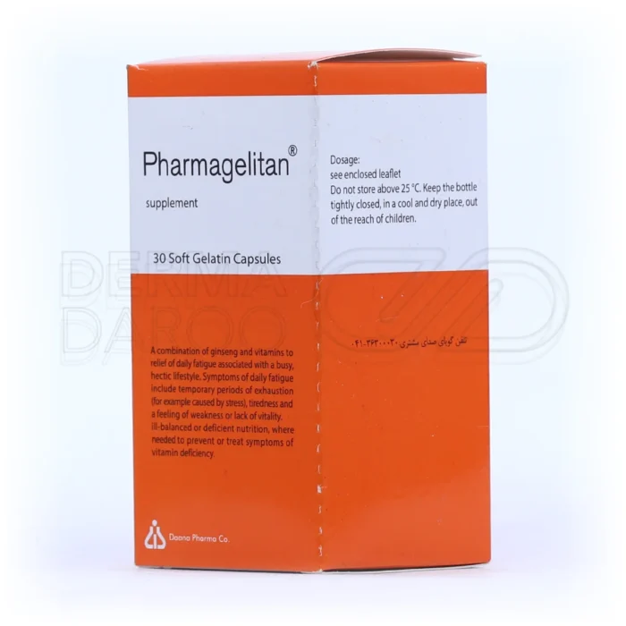 کپسول فارماژلیتان، با ویتامین E و منیزیم، بازسازی قوای جسمی، تقویت سیستم ایمنی، حاوی جینسینگ، برای بزرگسالان.
