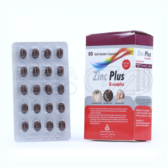 dana-zinc-plus-10-mg-b-complex-60-caps (1) بسته کپسول زینک پلاس ب کمپلکس دانا حاوی ۱۰ میلیگرم زینک و ویتامینهای گروه B، مناسب برای تقویت مو، ناخن و سیستم ایمنی