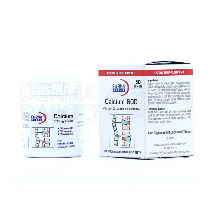 eurho-vital-calcium-600-mg-and-vitamin-d3-50-tabs (1) قرص کلسیم و ویتامین D۳ یوروویتال، بستهبندی مقاوم، مکمل کلسیم، پیشگیری از پوکی استخوان و تقویت استخوان.