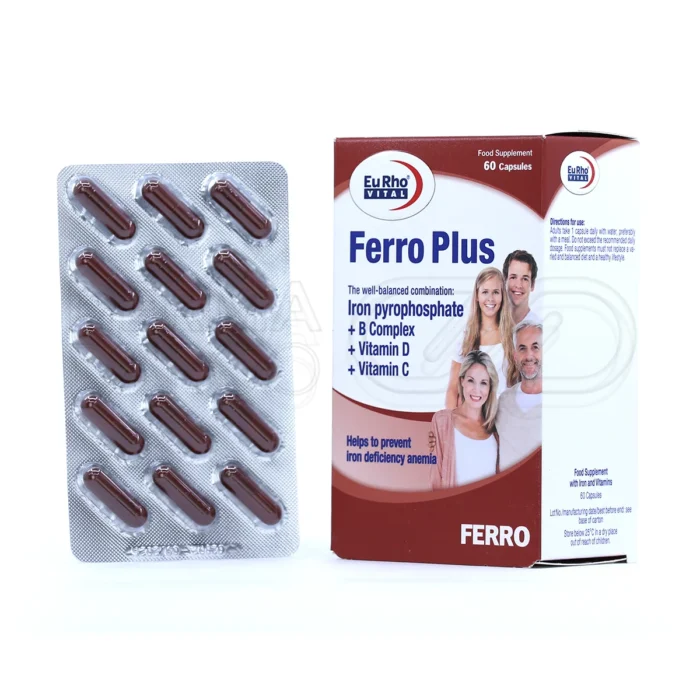 eurho-vital-ferro-plus-60-capsules (1) کپسول فرو پلاس یوروویتال با آهن و ویتامینهای گروه ب، مناسب افزایش انرژی و پیشگیری از کمخونی، همراه با بستهبندی ایمن