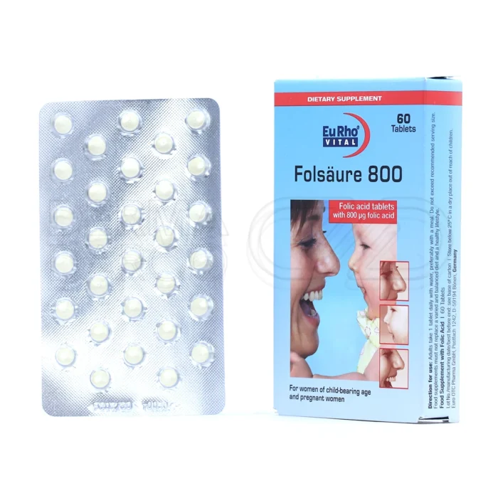 eurho-vital-folic-acid-800mcg-60-caps (1) قرص اسید فولیک یوروویتال، بستهبندی مقاوم، مکمل فولیک اسید، تقویت پوست و پیشگیری از کمخونی.