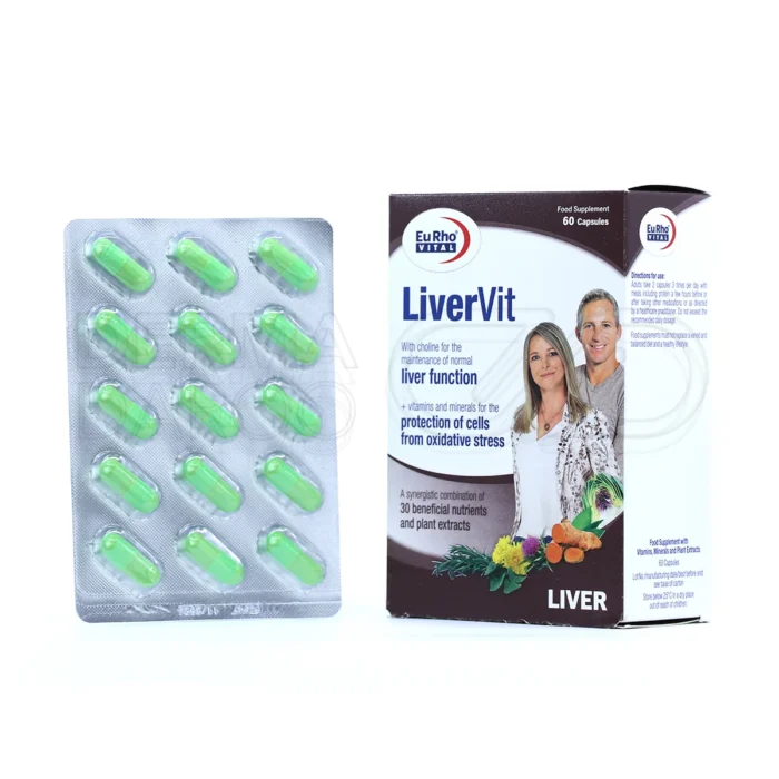 eurho-vital-livervit-60-capsules (1) کپسول لیور ویت یوروویتال، بستهبندی مقاوم، مکمل گیاهی، سمزدایی کبد و تقویت سلامت کبد.