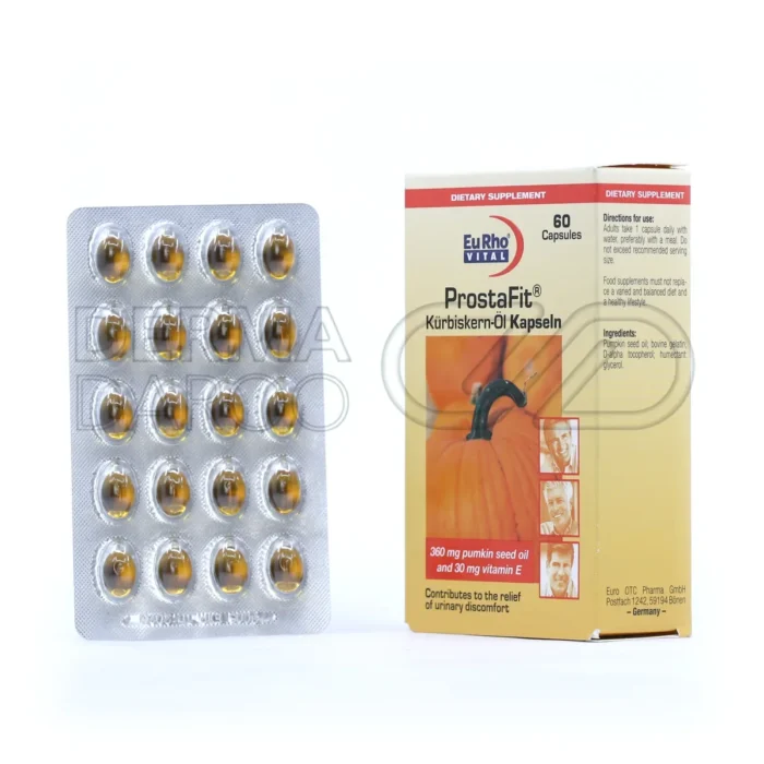 نمای نزدیک بسته‌بندی کپسول پروستافیت یوروویتال حاوی روغن دانه کدو و ویتامین E برای حمایت از سلامت پروستات و عملکرد طبیعی مثانه