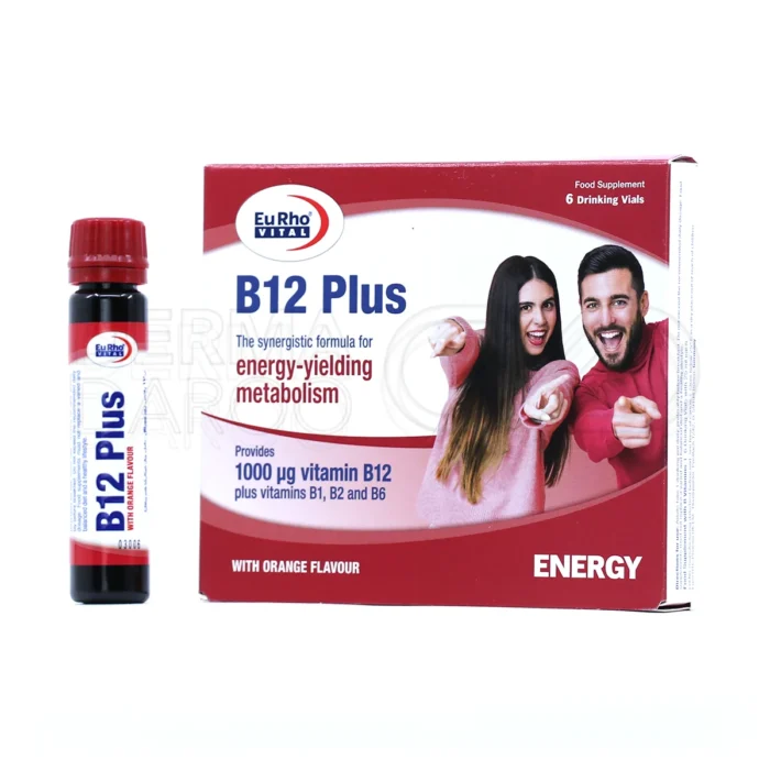 eurho-vital-vitamin-b12-plus-6-vials (1) ویال خوراکی ویتامین B12 پلاس یوروویتال، با ۱۰۰۰ میکروگرم B12 و طعم پرتقال، در بستهبندی ویال، تقویت سیستم عصبی و گلبول قرمز.