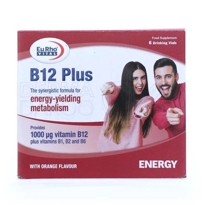 ویال B12 پلاس یوروویتال، با ویتامین B1 و B12، تقویت سیستم عصبی، افزایش گلبول قرمز، مناسب مصرف خوراکی روزانه.