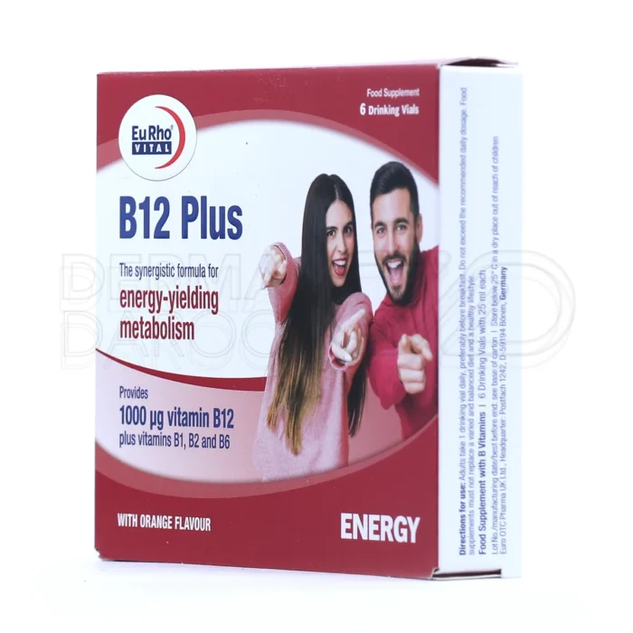 ویال خوراکی یوروویتال B12 پلاس، با ویتامین B6 و B2، جلوگیری از کم‌خونی، تقویت انرژی، طعم پرتقال، غیر قابل تزریق.