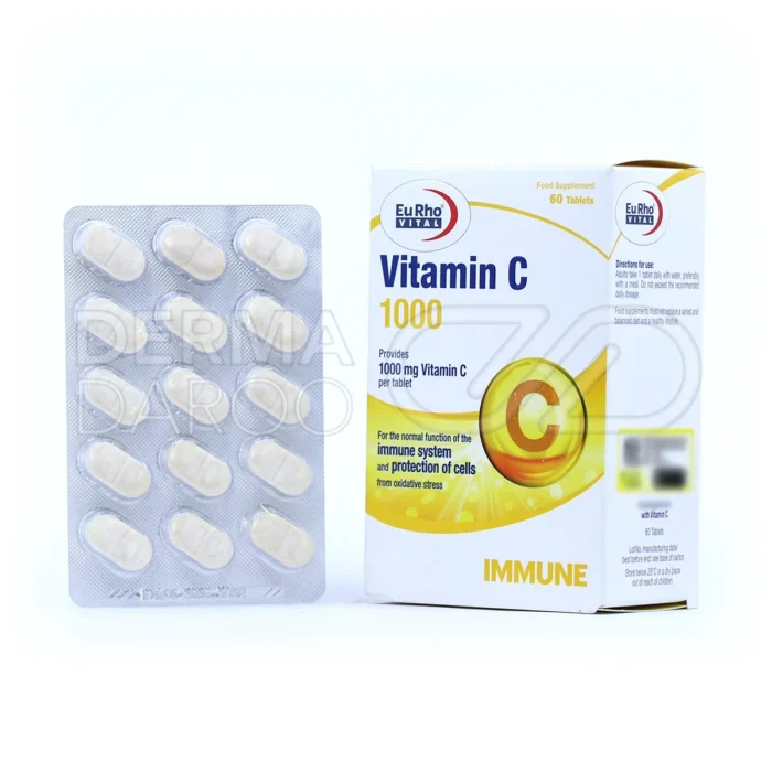 قرص ویتامین سی ۱۰۰۰ میلی‌گرم یوروویتال، بسته‌بندی مقاوم، مکمل آنتی‌اکسیدان، تقویت ایمنی و جذب آهن.