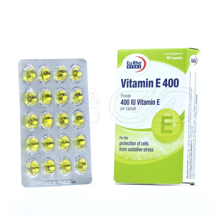 کپسول ژلاتینی ویتامین E ۴۰۰ واحد یوروویتال، با ۲۶۵ میلی‌گرم ویتامین E، در بسته‌بندی، آنتی‌اکسیدان، تقویت سیستم ایمنی و سلامت قلب.