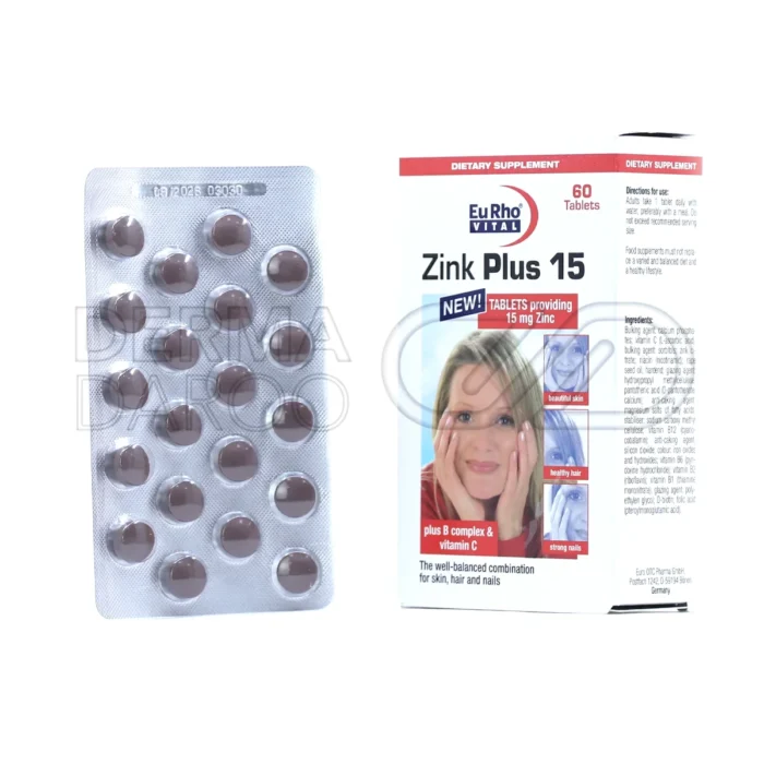 بسته‌بندی قرص زینک پلاس یوروویتال ۱۵ میلی‌گرم؛ مکملی کامل برای تقویت مو، پوست و ناخن حاوی زینک، بیوتین و ویتامین‌های گروه B