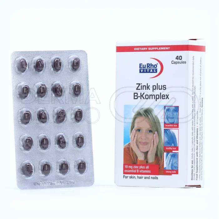 بسته کپسول زینک پلاس ب کمپلکس یوروویتال حاوی زینک، بیوتین، فولیک اسید و ویتامین‌های گروه B برای تقویت مو، پوست و ناخن و کنترل ریزش مو