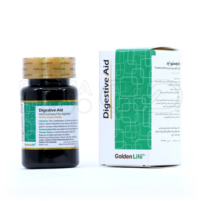 تصویر بسته‌بندی قرص دایجستیو اید گلدن لایف به همراه بلیستر محصول؛ مکمل گیاهی برای کاهش نفخ، بهبود هضم غذا و تسکین سوزش معده