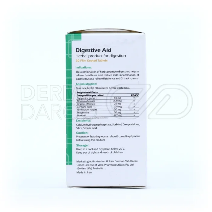 قرص گیاهی دایجستیو اید گلدن لایف حاوی عصاره زنجبیل، نعناع و لیکوریس برای بهبود عملکرد دستگاه گوارش