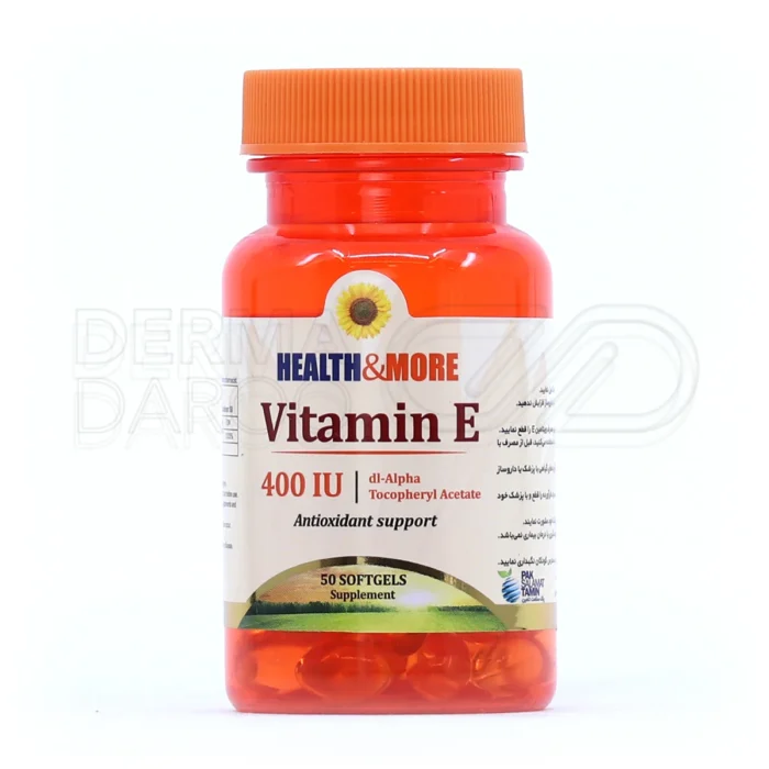 سافت ژل ویتامین E ۴۰۰ واحد هلث اند مور، آنتی‌اکسیدان قوی، در بسته‌بندی، تقویت سیستم ایمنی، محافظت قلب و عروق.