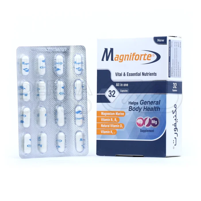 کپسول مگنیفورت هولیستیکا، با منیزیم دریایی و ویتامین D3، در بسته‌بندی، تقویت استخوان، کاهش میگرن و تنظیم فشار خون.