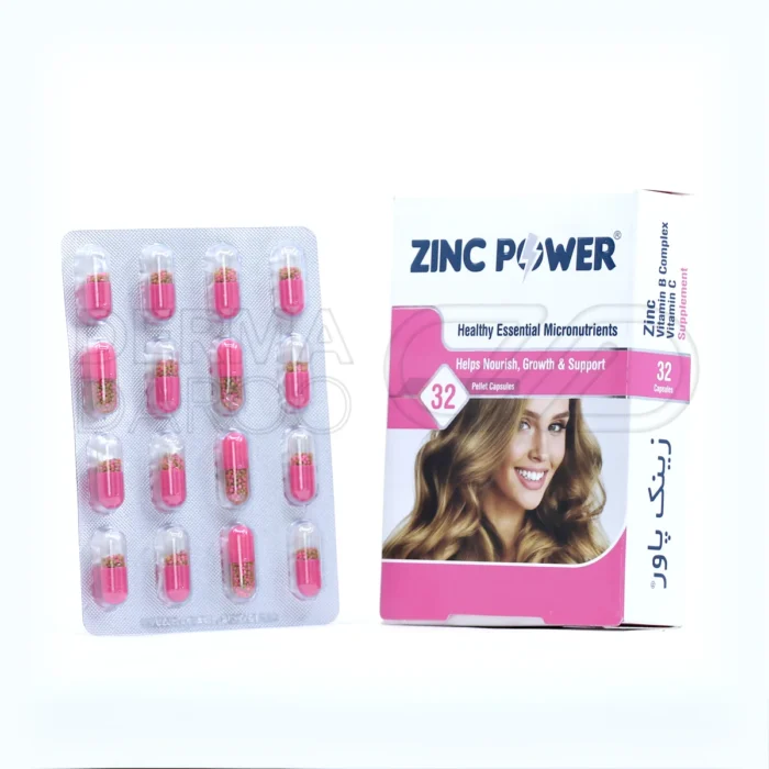 نمای بسته‌بندی کپسول زینک پاور هولیستیکا به همراه بطری محصول حاوی زینک، ویتامین C و ویتامین‌های گروه B برای تقویت پوست، مو و ناخن