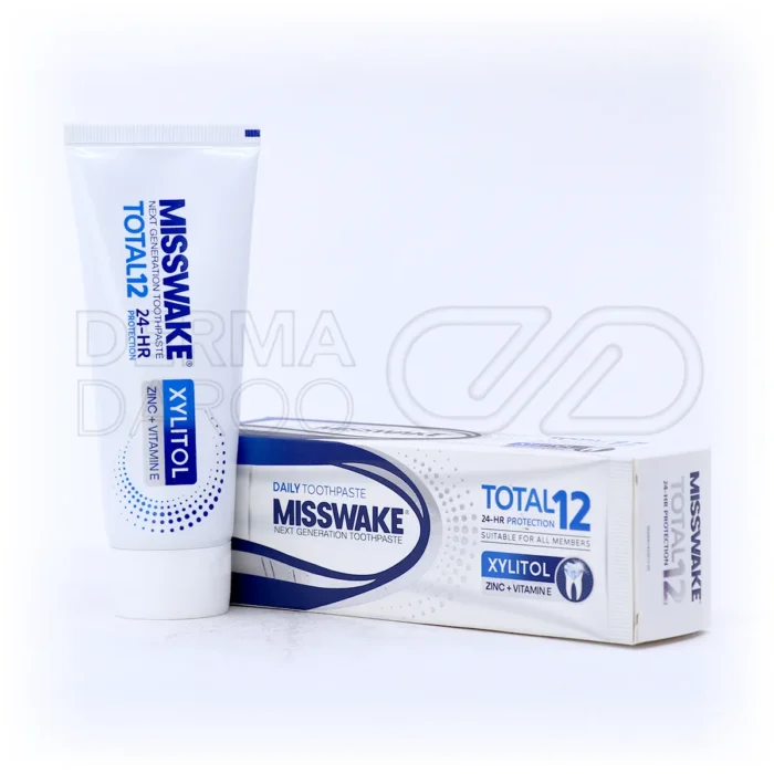 misswake-total-12-xylitol-toothpaste-75-ml (1) تیوب خمیر دندان کامل زایلیتول میسویک با بسته بندی سفید و سبز، ضد باکتری، کاهش پلاک و محافظ مینای دندان