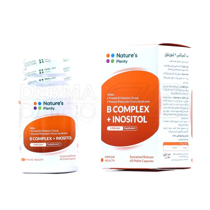 کپسول ب کمپلکس و اینوزیتول نیچرز پلنتی، بسته‌بندی شیک، تقویت انرژی، کاهش استرس، بهبود متابولیسم و سلامت پوست و مو.