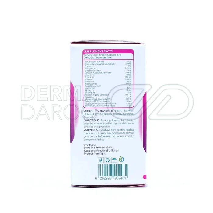 حاوی آهن، کلسیم، زینک و ویتامین‌های گروه B برای حمایت از سلامت عمومی زنان پس از ۵۰ سالگی