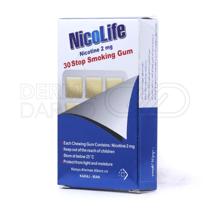 محصول آدامس ترک سیگار نیکلایف ۲ میلی گرم، جایگزین نیکوتین سیگار، تقویت استخوان با کلسیم و ویتامین C، مناسب هفته های اولیه ترک