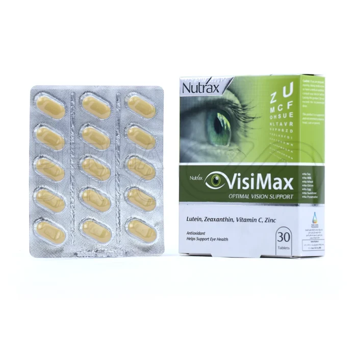 قرص ویزیمکس نوتراکس، با لوتئین و ویتامین C، در بسته‌بندی، تقویت بینایی، پیشگیری از آب مروارید، آنتی‌اکسیدان قوی.