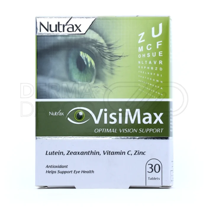 نوتراکس ویزیمکس، با ویتامین C و زاگزانتین، تقویت چشم، آنتی‌اکسیدان قوی، پیشگیری از آب مروارید، مصرف با غذا.