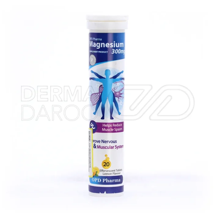 قرص جوشان منیزیم 300 میلی‌گرم او پی دی فارما در بسته‌بندی بهداشتی، با طعم لیمو، تقویت‌کننده سیستم عصبی و استخوان‌ها