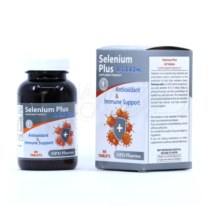 قرص سلنیوم پلاس او پی دی فارما، بسته‌بندی مقاوم، مکمل زینک و ویتامین، تقویت پوست و سیستم ایمنی.
