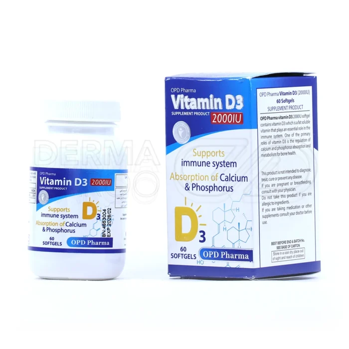 opd-pharma-vitamin-d3-2000-iu-60-softgels (1) سافت ژل ویتامین D۳ ۲۰۰۰ واحد او پی دی فارما؛ مکمل تغذیهای برای تقویت سیستم ایمنی، سلامت استخوان و جذب بهتر کلسیم