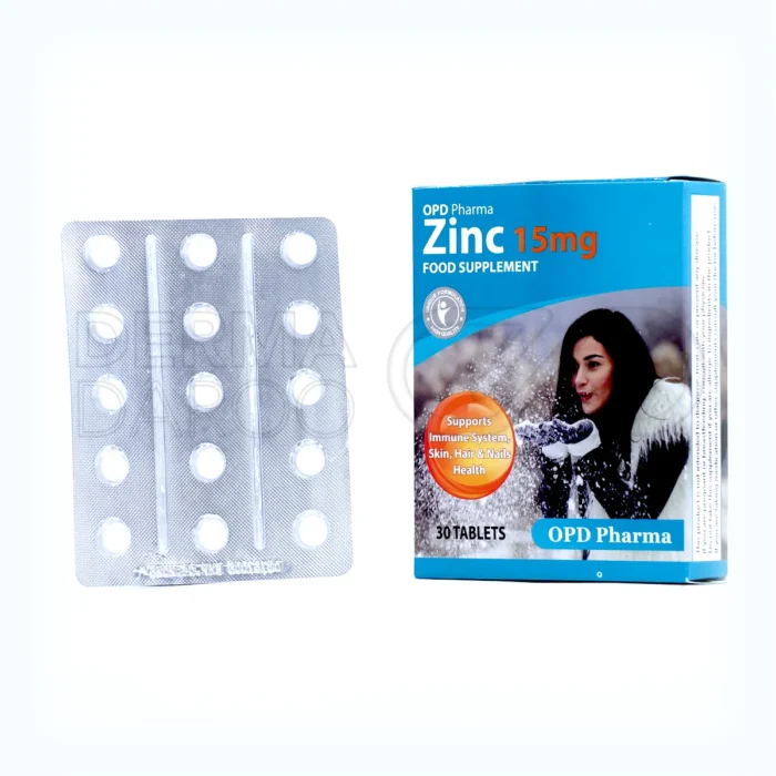 نمای واضح از قرص زینک ۱۵ میلی‌گرم او پی دی فارما به همراه جعبه بسته‌بندی اصلی، مکمل تقویت‌کننده مو و سیستم ایمنی