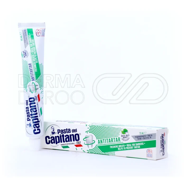 تیوب خمیر دندان آنتی تارتار کاپیتانو در بسته بندی سفید با طرح ایتالیایی، ضد جرم و پلاک باکتریایی، سفید کننده دندان و مناسب افراد سیگاری