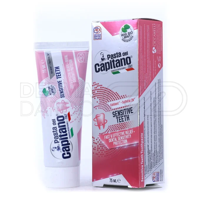 بسته بندی خمیر دندان Sensitive Teeth در تیوب آبی با طرح ایتالیایی، ضد حساسیت و پلاک، تسکین درد دندان و محافظت از پوسیدگی